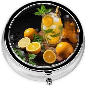 Oranje limonade met munt bedrukte ronde pillendoos, klikdeksels, pillendoos voor reizen, mini draagbare pillenorganizer voor lange termijn om mee te nemen in zakken, portefeuilles, reizen, werk