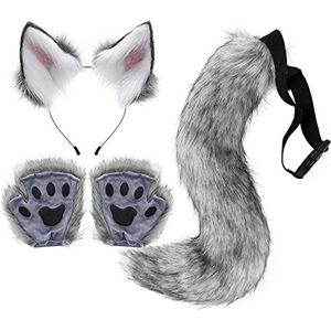 Wolf Ears Tail and Gloves Set, Wolf Costume with Waist Elastic Buckle, Skin-Friendly Wolf Costume Dress-Up, Wolf Cosplay, Artificial and Leather Wolf Outfit for Fancy Dress Role-Playing Parties