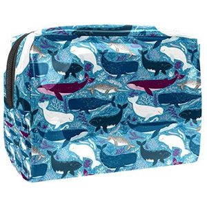 Draagbare make-up tas met rits reizen toilettas voor vrouwen handige opslag cosmetische zakje cartoon blauw dolfijn patroon