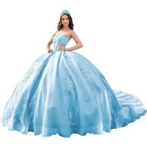 Fuomomo Quinceanera Prinsessenjurk met ruches en staart Quinceanera jurk van tule met parels schattige jurk 16 MT052, Blauw, 42