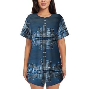 JIAWUJYNB Chicago pyjama met reflecterende print voor dames met korte mouwen, pyjamaset met zakken,, Zwart, XL