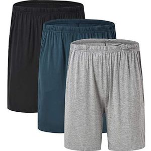 JINSHI Heren Pyjamabroeken Korte Broek Zachte Modaal Nachtkleding Shorts Zwart/Grijs/Blauw L