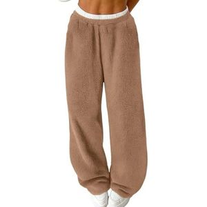 UPPJPBSW Vrouwen Winter Wijde Pijpen Fleece Casual Comfortabele Elastische Taille Sweatpants Pluche Zachte Atleet Loungebroek met Zakken,Khaki,Large