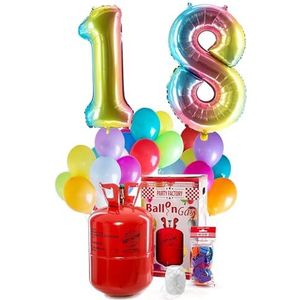 PARTY FACTORY Helium Verjaardag Complete Set ""18"" - met XXL cijfer ballonnen, 0,4m³ ballongas, ballonkoord & 30 kleurrijke latex ballonnen - voor verjaardag in verschillende kleuren (regenboog)