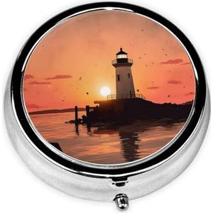 Pillendoosje Vuurtoren Zonsopgang Ronde Pillendoos Dagelijks 3 Compartiment Reizen Pil Container voor Pocket Purse Draagbare Geneeskunde Levertraan Olie Opbergdoos 3 keer per dag Pillenorganisator