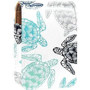 Lippenstift Hoesje met Spiegel Blauw Groen Zwart Grijs Zeeschildpadden Patroon Lip Gloss Houder Draagbare Lippenstift Opbergdoos Reizen Make-up Tas Mini Lederen Cosmetische Pouch Houdt 3 Lippenstift