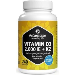 Vitamaze - Vitamine D3 K2 - Hoge Dosis - 2000 IE Vitamine D3 + 100 mcg K2 MK7 - 240 Tabletten