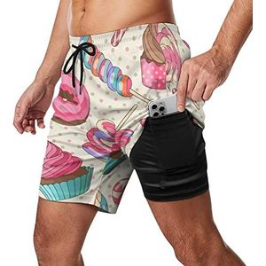 Kleurrijke Lollipop Candy Macaroon Cupcake Donut Heren Zwembroek Sneldrogende 2 in 1 Strand Sport Shorts met Compressie Liner En Pocket