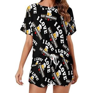 I Love Beer-Day Drinken Zachte Dames Pyjama Korte Mouw Pyjama Loungewear met Zakken Gift voor Thuis Strand M