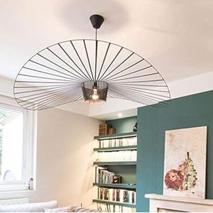 Vintage hanglamp woonkamer LED Vertigo hanglamp (licht in hoogte verstelbaar) glasvezel/polyurethaan hoed lichten E27 kroonluchter voor restaurant schaduw (120cm, Zwart)