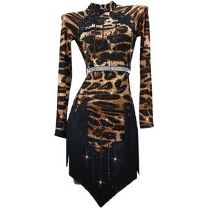 FZHQNZJF Professioneel Latijn Competitie Jurken Luipaardprint Salsa Tango Danskleding Prachtig Balzaal Dans Rok voor Vrouwen Steentjes Cha Cha Dans Kostuum,A,L