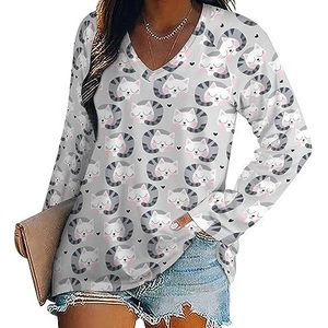Slapende kat vrouwen casual T-shirts met lange mouwen V-hals bedrukte grafische blouses tee tops 3XL