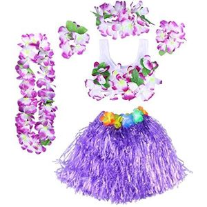 SAITOM Kunstmatige kerstkrans 6 stuks Hawaii tropische hoelagras dansrok kinderen bloem leis armbanden hoofdband ketting beha set Hawaii feestkostuum (kleur: paars)