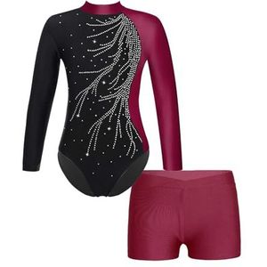 JTKSSCS Turnpakjes voor meisjes en kinderen, balletdansoutfits met lange mouwen, turnpakjes voor kinderen, turnpakjes met korte broek, danskledingsets voor yoga, unitard jumpsuit, Bordeaux, 12