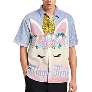 Leuke Eenhoorn - Magic Time Hawaiiaans shirt voor heren, zomer, strand, casual, korte mouwen, button-down shirts met zak