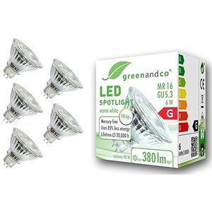 5x greenandco® CRI90+ 3000K 36° LED-spot vervangt 40W GU5.3 MR16, 6W 380lm warm wit 12V AC/DC, flikkervrij, niet-dimbaar