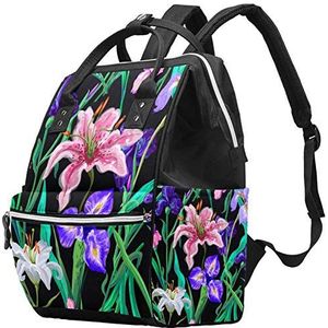 Multifunctionele grote baby luiertas rugzak luiertas met geïsoleerde waterfles tas reizen rugzak voor mama en papa,bloemen Iris Lelie zwarte achtergrond