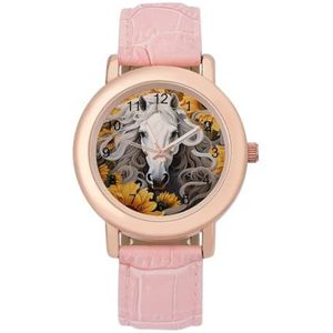 Zonnebloem Wit Paard Dames Elegant Horloge Lederen Band Horloge Analoog Quartz Horloges