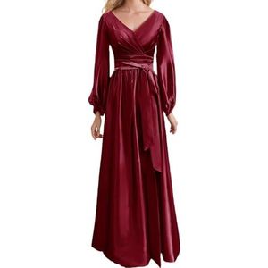 Prinses Bruidsmeisje Jurken Lange Mouw Galajurken V-hals Satijn Formele Avondfeest Maxi Jurk ZM200, Bordeaux, 32