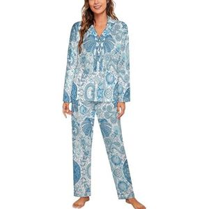 Blauwe Indische Olifant Pyjama Sets Met Lange Mouwen Voor Vrouwen Klassieke Nachtkleding Nachtkleding Zachte Pjs Lounge Sets