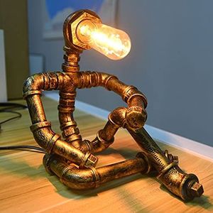 JAHQ Vintage Tafellamp Retro Industriële Ijzer Waterpijpen Robot Tafellamp Steampunk Bureaulamp 22 cm (niet inbegrepen lamp)