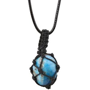 Crystal Tumbled Stone Pendant Necklace For Women Knotted Net Bag Leather Necklace Yoga Meditation Jewelry Gifts (Color : Blue Turquoise)