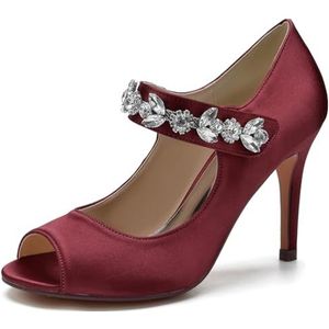 SYDZSW Bruiloftsschoenen Ivoor Hak Naald Satijn Hoge Hakken Bruidsschoenen Sandaal Bruidsschoenen Bruidsband met Strass 35-43, Bourgondië, 35 EU