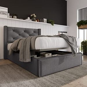 VSOGA Hydraulisch eenpersoonsbed, gestoffeerd bed, 90 x 200 cm, bed met lattenbodem van metalen frame, modern bedframe met opbergruimte, katoen, grijs