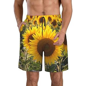 JIAWUJYNB Gele zonnebloem bloemenprint strandshorts voor heren, lichtgewicht, sneldrogend trekkoord zwembroek met zakken, Wit, S