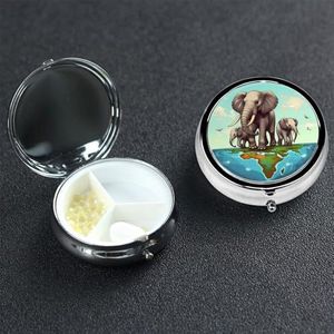 Kleine pillendoos 3 compartimenten, olifanten pillendoos dagelijkse metalen draagbare pillenorganizer voor zakportemonnee, reispillendoos met spiegel, ronde medicijnvitaminehouder, uniek cadeau
