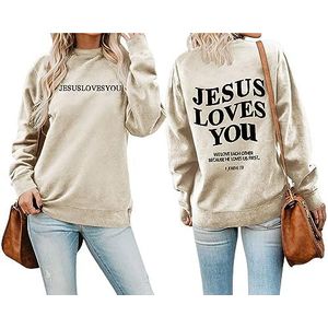 MLZHAN Jesus Loves You Brief Print Vrouwen Sweatshirt Ronde Hals Lange Mouw Herfst Winter Streetwear Christelijke Gift Sweatshirts, Beige, S