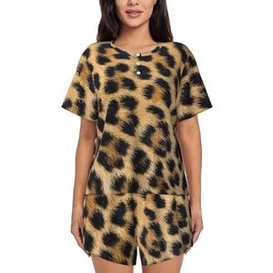 Ruwe luipaardprint print dames zomer zachte tweedelige bijpassende outfits korte mouw pyjama lounge pyjama sets, Zwart, XL