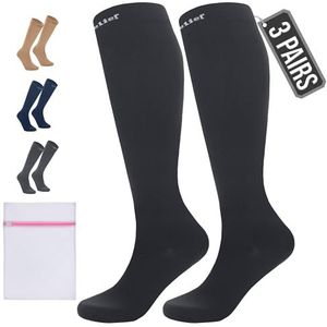 360 Relief 3 Paar Compressiesokken Dammes en Herren - Effen Kleuren Compressiekousen voor Sport, Hardlopen, Vliegen, Reizen, Joggen, Fietsen, Werk - Zwart S/M Kniehoge sokken met Mesh Waszakje