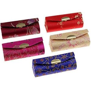 5 Stuks Lippenstift Case Houder Met Spiegel Chinese Traditionele Bloem Ontwerp Make-up Houder Doos Lippenbalsem Draagtas Reizen Willekeurige Kleur voor Vakantie