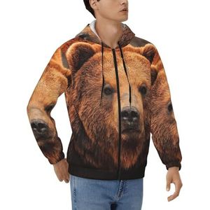 JEJEA Grizzly Bear Print Modieuze Heren Rits Hoodies Zacht Polyester Volledige Zip Up Dikke Sweatshirts, Maten S-3XL, Zwart, S