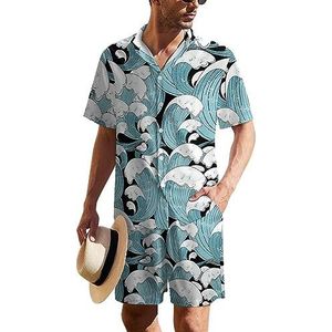Zee golven patroon Hawaiiaanse pak voor heren, set van 2 stuks, strandoutfit, shirt en korte broek, bijpassende set