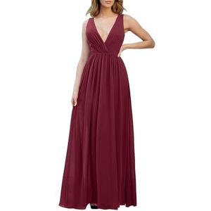 WSEYU Spaghetti Bandjes Chiffon Bruidsmeisjesjurken voor Bruiloft Diepe V-hals Prom Jurken Halter Formele Jurk, wijnrood, 52 grote maten