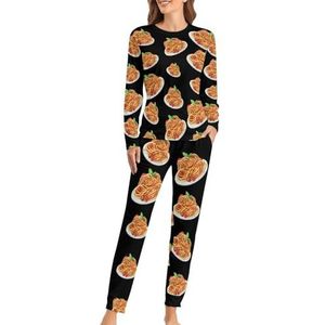 Italië Pasta Noodle Zachte Dames Pyjama Lange Mouw Warm Fit Pyjama Loungewear Sets met Zakken 6XL