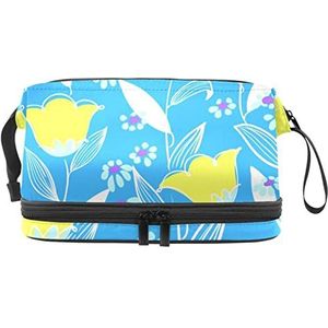 Dubbele Laag Cosmetische Tas Gele Bloemen Draagbare Make-up Tas Travel Organizer Pouch voor Vrouwen Meisjes Toiletartikelen Tassen, Meerkleurig, 27x15x14 cm/10.6x5.9x5.5 in, Make-up zakje
