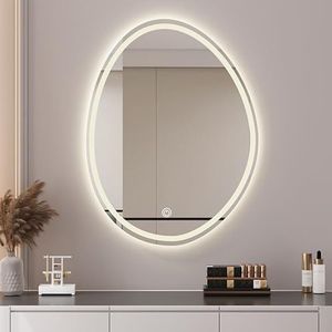 Onregelmatige badkamerspiegel met ledlicht, frameloze asymmetrische decoratieve spiegel in druppelvorm, wandspiegel, 3 kleuren dimbaar, IP44, touch-sensor (tail