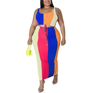 Dames Zomer Plus Maat 2-delige Outfits Mode Kleurenblok Vierkante Hals Mouwloze Crop Top En Bodycon Maxi Rok Set (Color : Apricot, Size : XXL)