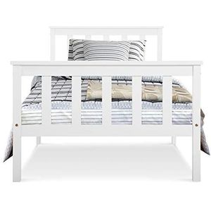 Auroglint Massief houten bed, eenpersoonsbedframe met hoofdeinde, massief houten kinderbed, tienerbed. Wit