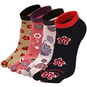 PUTUO Teenslippers Tabi Sokken: Katoenen Damessokken met Twee Teentjes Kleurrijke Geta Sokken Korte Teensokken met Grappig Patroon Japanse Stijl Tabi Sokken voor Dames, maat 35-41, 4 paar
