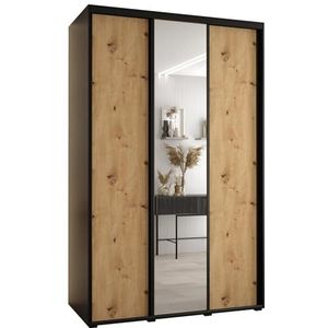 MEBLE KRYSPOL Cannes 3 Moderne Kledingkast met 3 Schuifdeuren met Bar, Planken en Spiegel - Opbergkast voor Slaapkamer, Woonkamer - 205,2x160x60 cm - Zwart Artisan Black