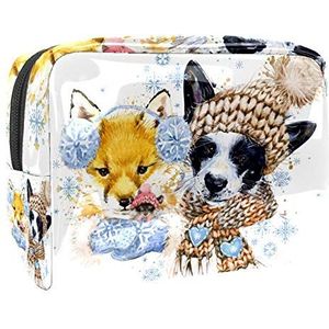 Draagbare Make-up Tas met Rits Reizen Toilettas voor Vrouwen Handige Opslag Cosmetische Pouch Hond Vossen Winter Sneeuwvlok