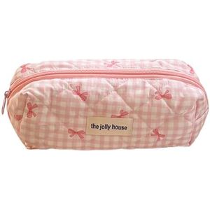 Geruite schattige cosmetische tas met rits make-up organizer opbergtas katoen gewatteerde cosmetische organizer tas voor vrouwen en meisjes, PINK, S, esthetische/bloemen
