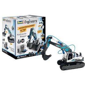 Revell Adventskalender Engineers, hydraulische graafmachine, adventskalender om zelf te maken, adventskalender voor jongens, meisjes, kinderen en volwassenen vanaf 8 jaar, graafmachine in 24 dagen in