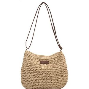 Rieten tas, crossbody tas, zomer, strandtas, stro, groot, met ritssluiting, handtas voor dames, handgemaakte geweven strotas met lederen schouderriem, voor strand, reizen, winkelen, beige