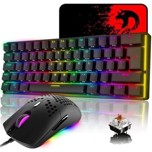 LexonElec MK21 UK Layout 60% Mechanische Toetsenbord-Muisset, 62 Toetsen Bedraad Gamingtoetsenbord met RGB Backlit + 6400DPI Ultralichte Honingraatmuis + Muismat voor PS4/PC - Zwart/Bruine Schakelaar
