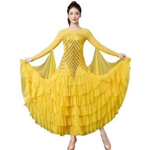FZHQNZJF Dames Nationaal Standaardkostuum Lange mouwen Wals Optreden Dansoutfit Pailletten Balzaaldansjurken Prachtige Flamenco foxtrotrok,Geel,3XL